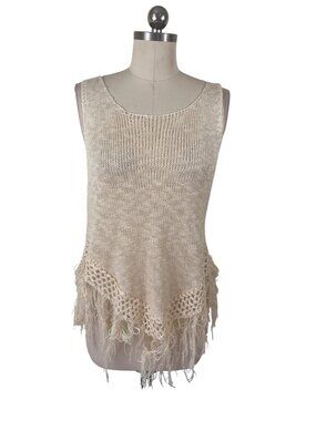 BohoChic Earthy Festival VTG 70s Inspired Knit Top Fringe Beige S/M Asymmetrical